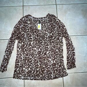 XCVI Womens Leopard Print V-Neck Long Sleeve Top Relaxed Fit Casual 1X NWT